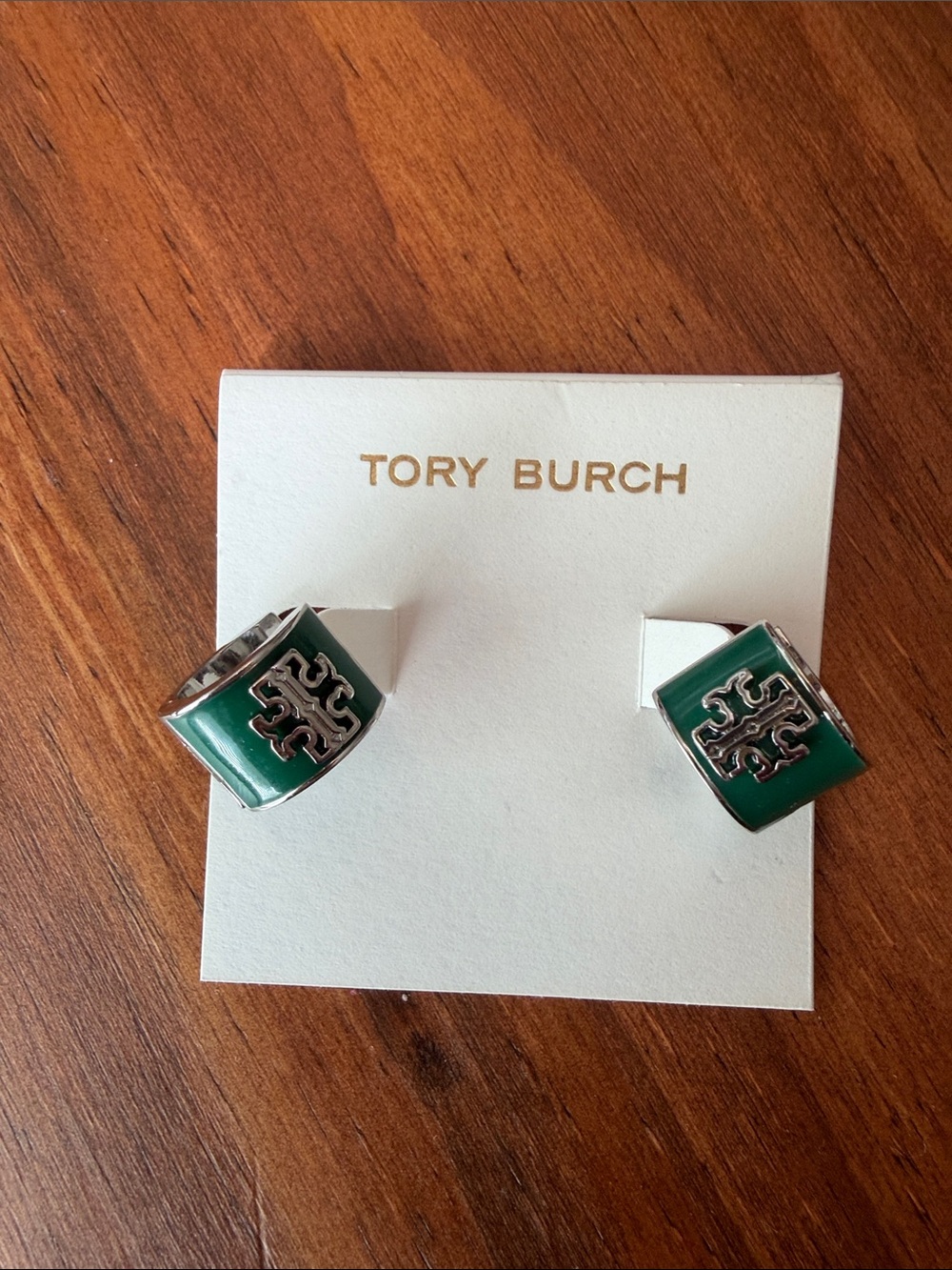 Tory Burch jade Green Enamel Logo huggie Earrings